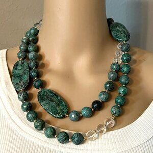 Chunky Green gemstone beaded necklace with quartz and picture Jasper